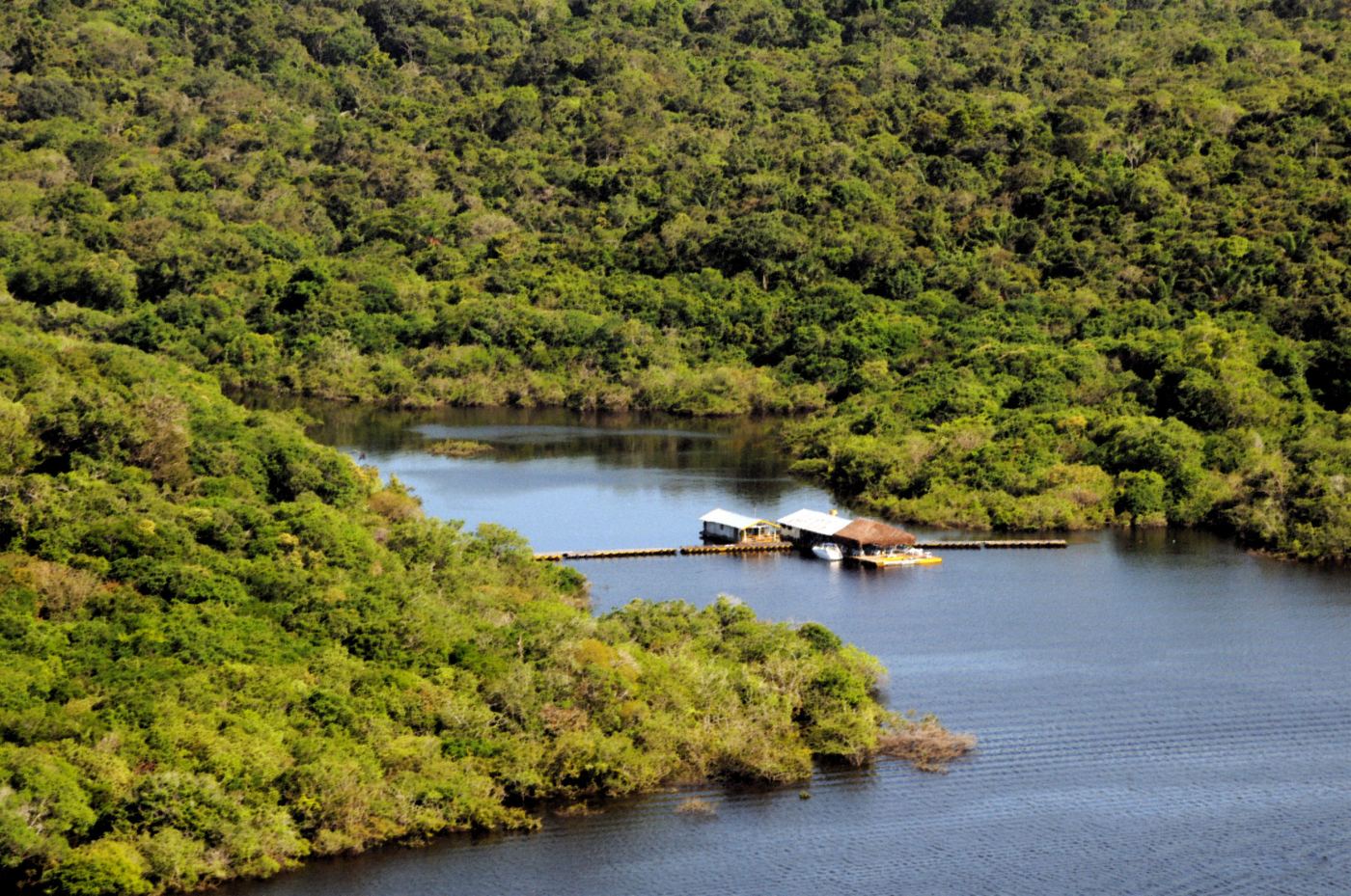 Vista aérea do Lago Tarumã em Manaus, Amazonas, com floresta amazônica densa e casa flutuante